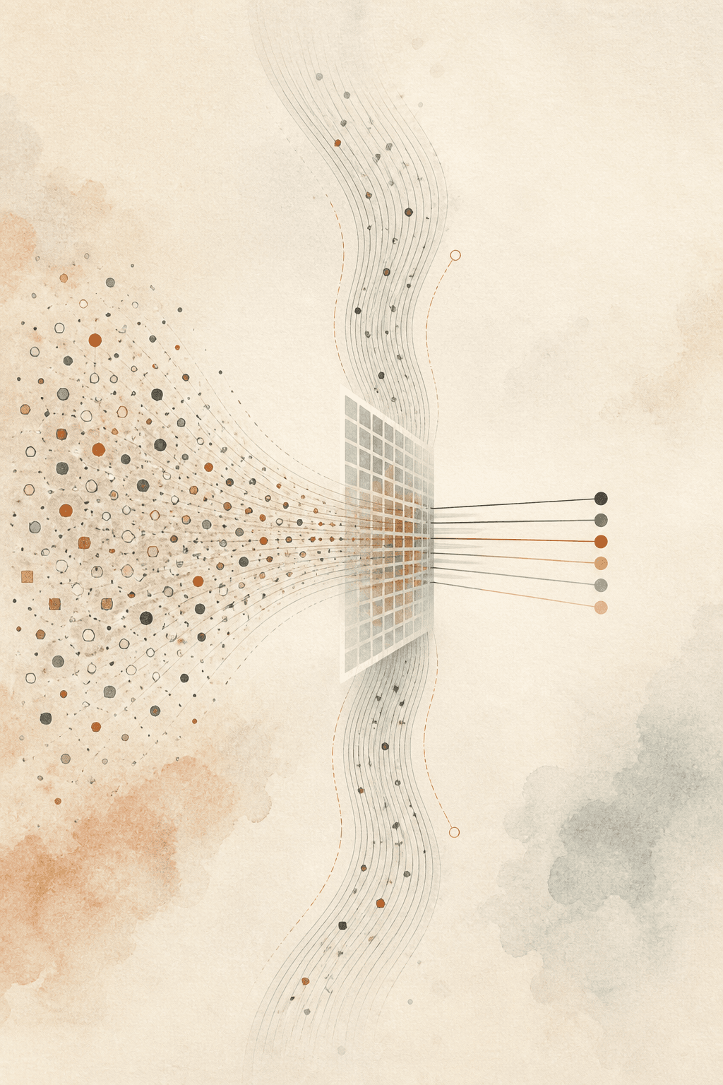 A broad field of token signals passing through a narrow matrix into a compact hidden representation