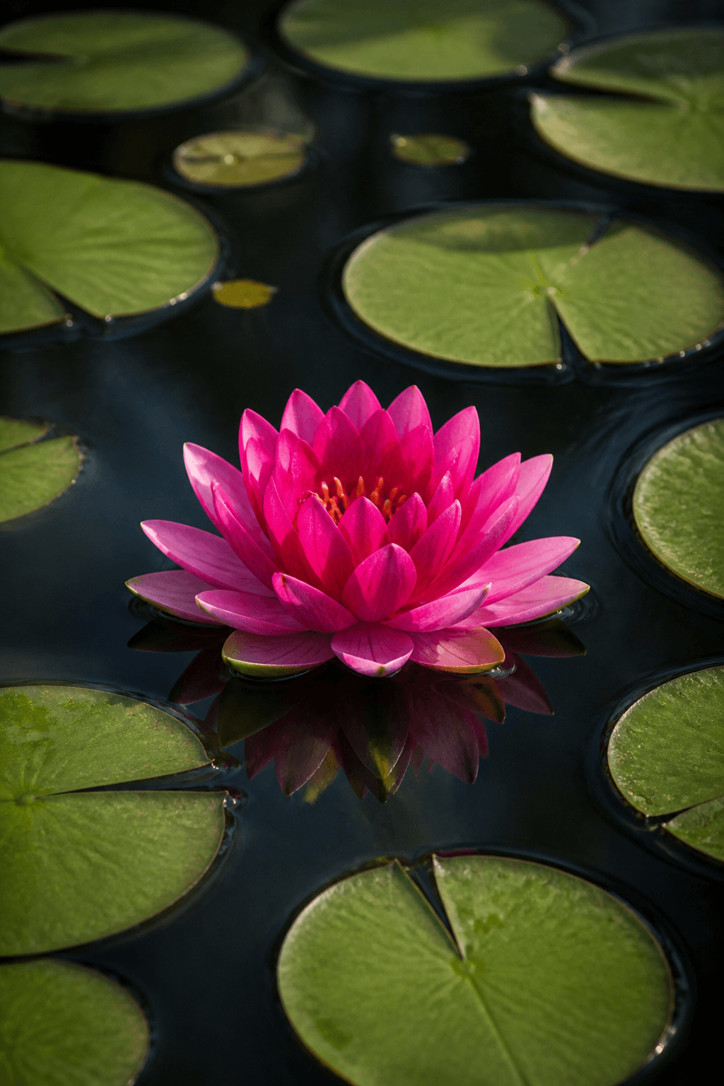 A pink lotus floating among green lily pads